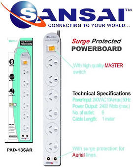 SANSAI 6 Way Surge Protected Power Board with TV Aerial line